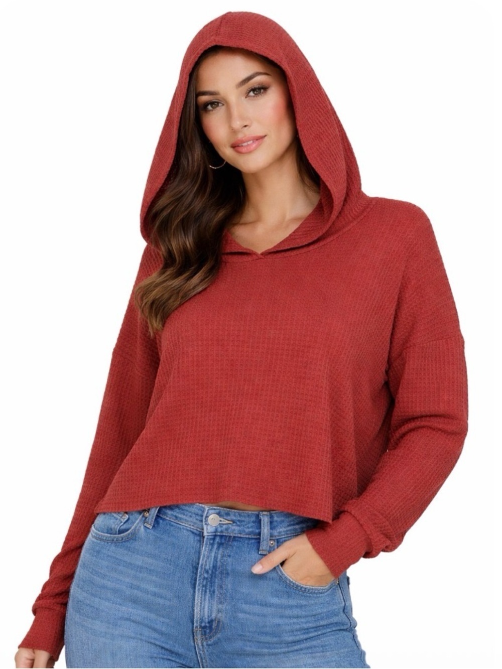 Paper Crane waffle knit pull over semi cropped with hood long sleeve SZ L brick